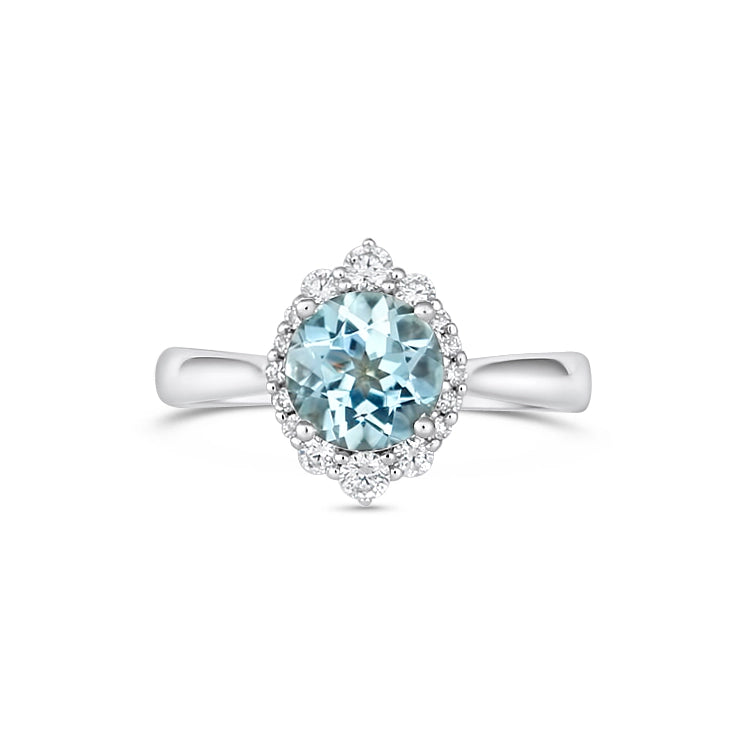 14K White Gold Aquamarine and Diamond Ring with Diamond Halo