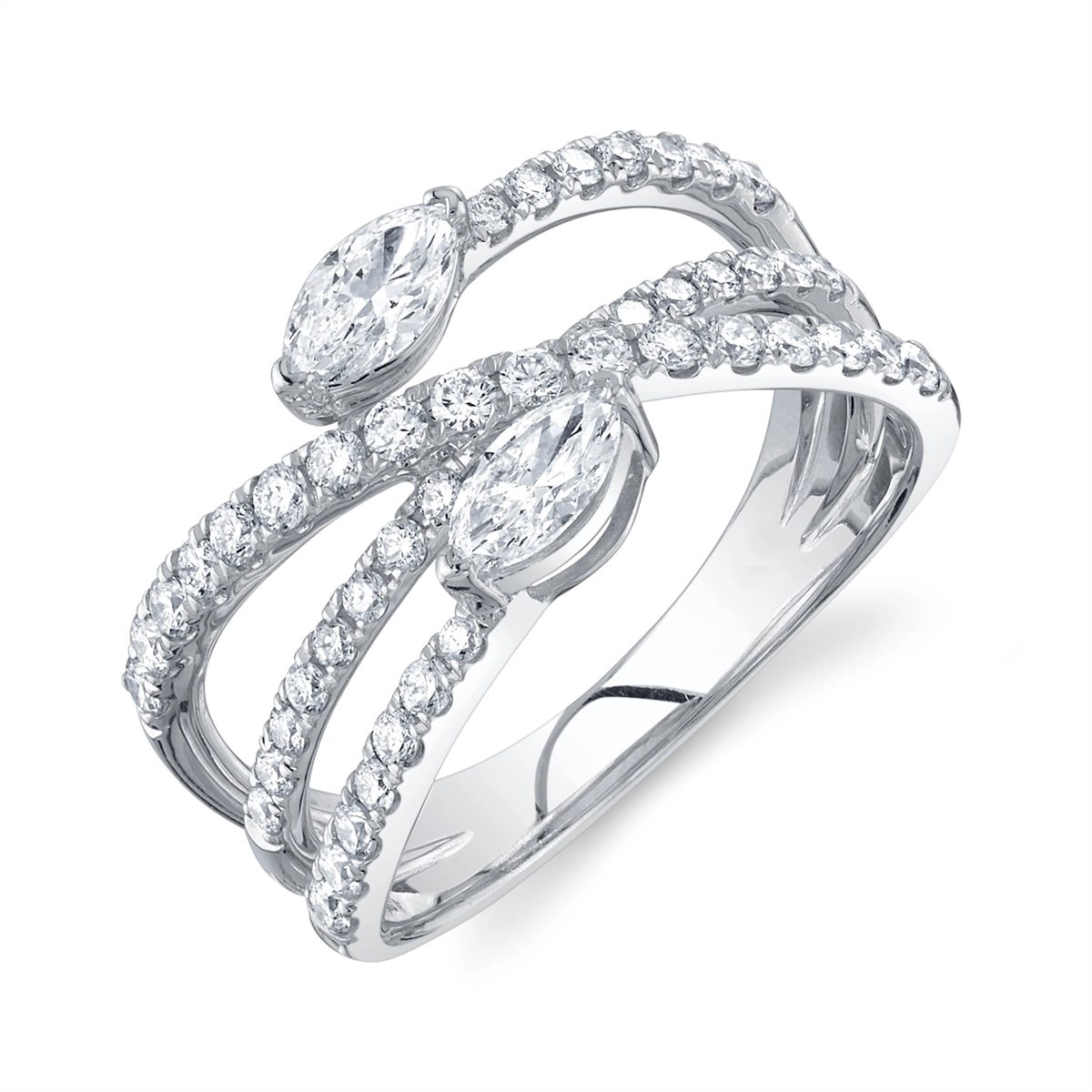 14K White Gold Crossover Diamond Ring with Marquise Diamond Ends