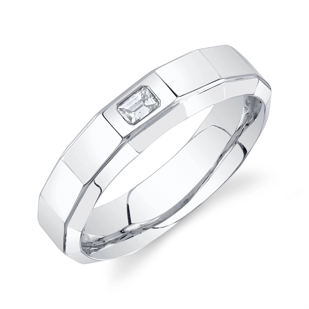 14K White Gold Men's Faceted Emerald Cut Diamond Band