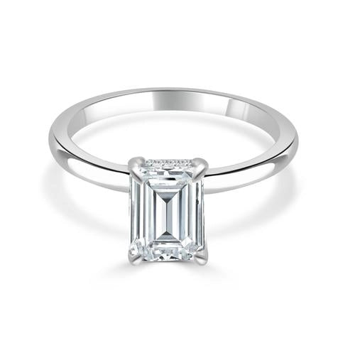 14K White Gold Solitare Ring for Emerald Cut with Hidden Diamond Halo