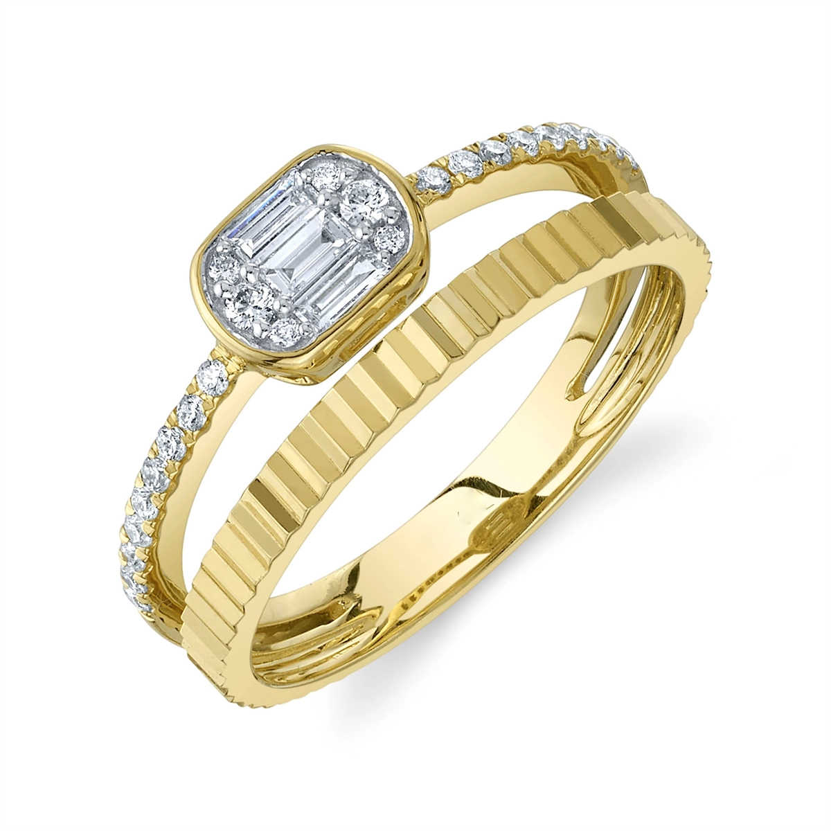 14K Yellow Gold Baguette and Round Diamond Stack Ring