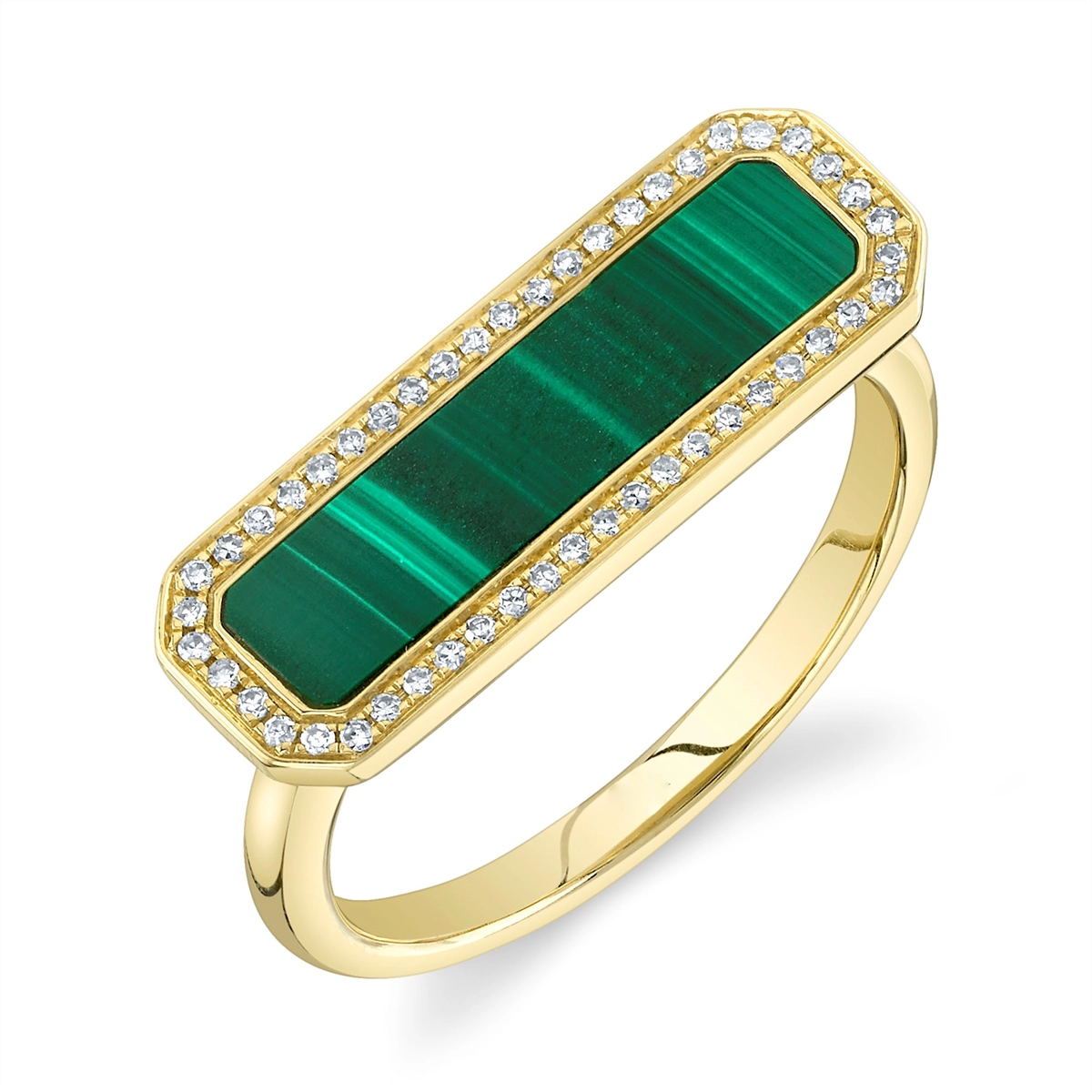 14K Yellow Gold Bar Malachite and Diamond Ring