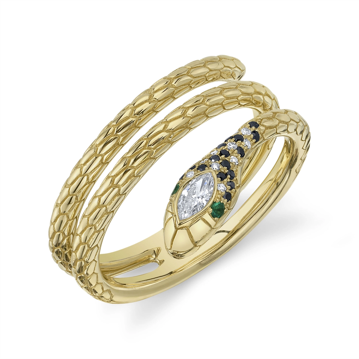 14K Yellow Gold Black and White Diamond Snake Ring with Emerald Eyes