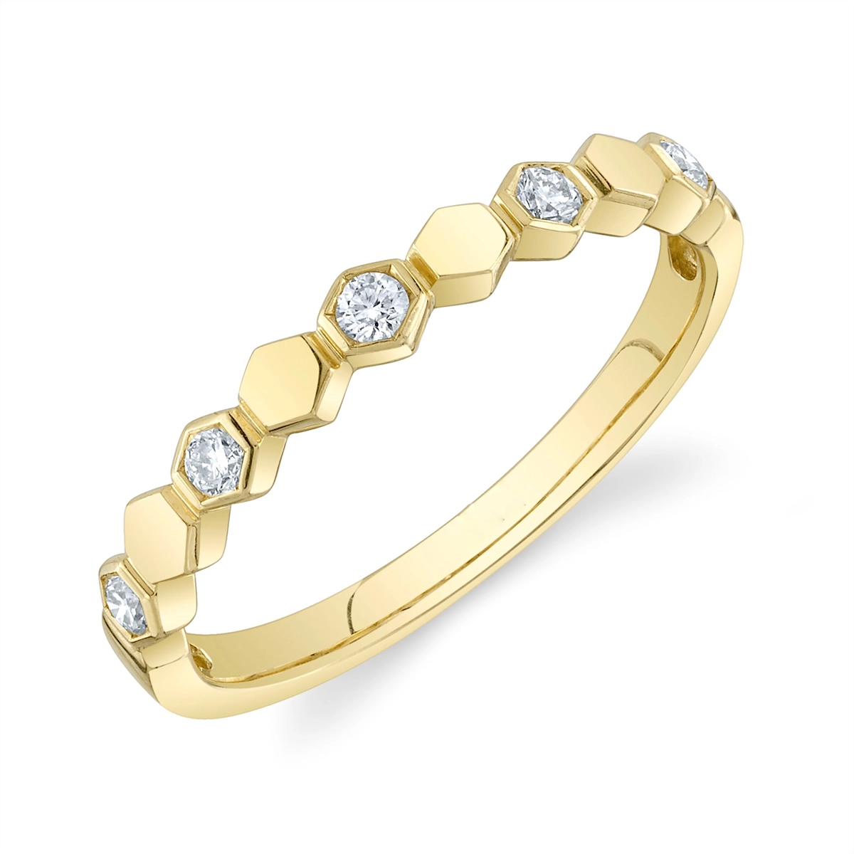 14K Yellow Gold Round Diamond Hexagon Band