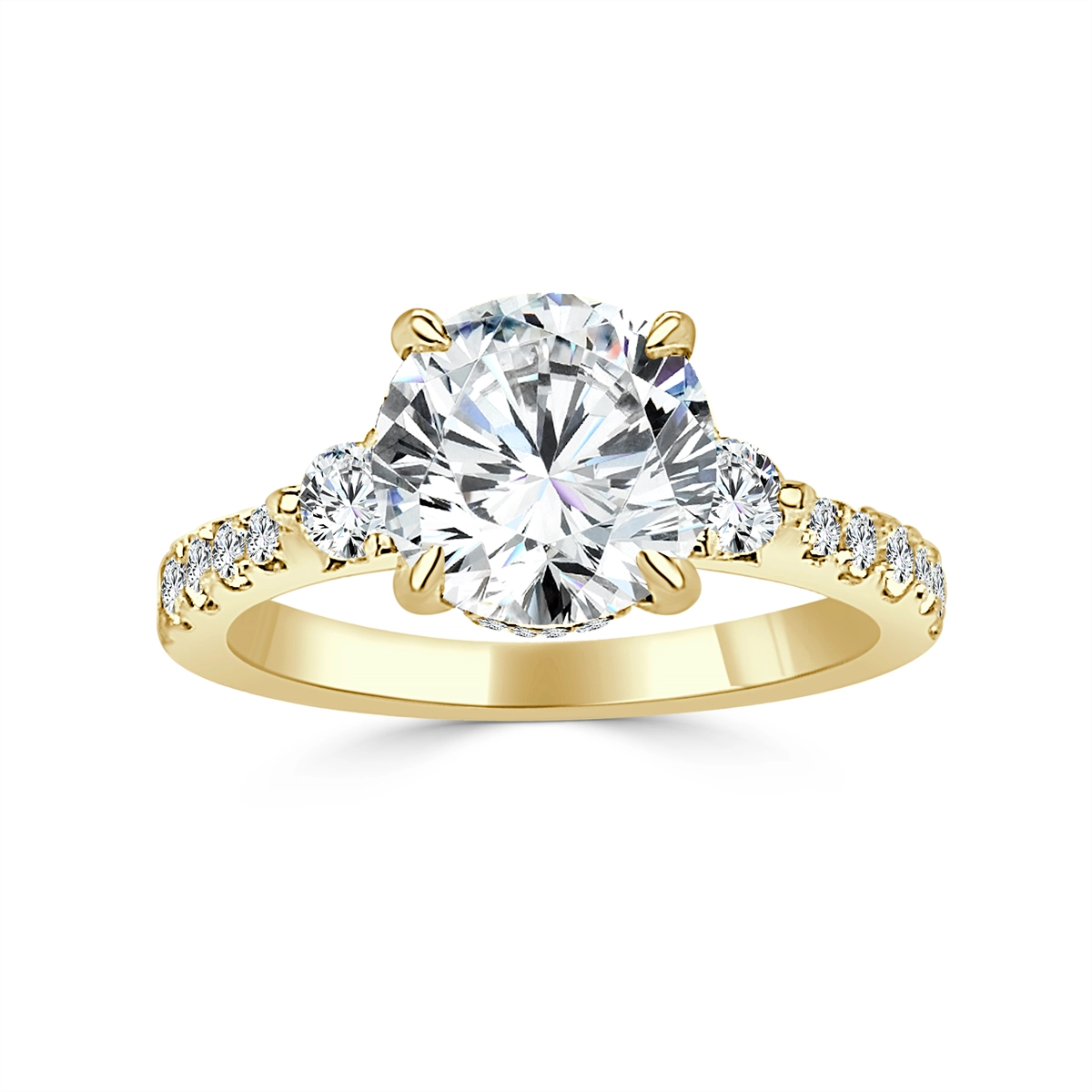 14K Yellow Gold Three Stone Semi Mount Diamond Ring with Hidden Halo