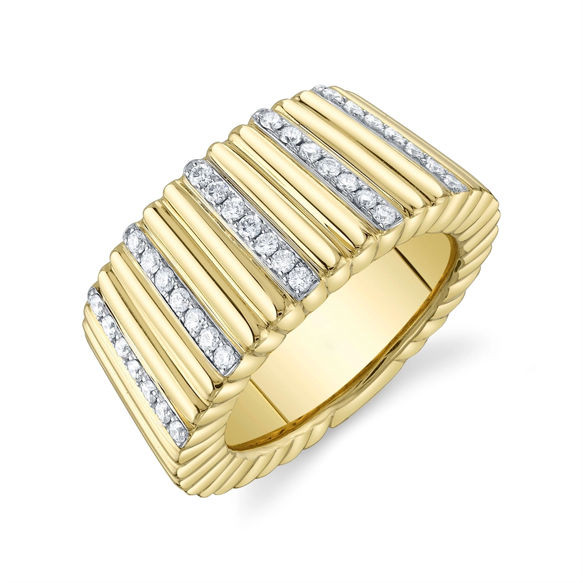 14K Yellow Gold Wide Ridged Diamond Ring