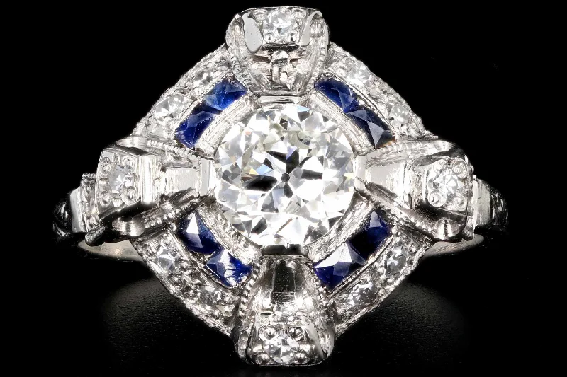 Art Deco Platinum .76 CTR Old European Cut Diamond and Sapphire Engagement Ring