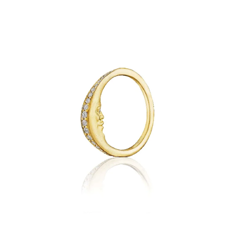 Bright Cut Diamond Pavé Crescent Moonface Ring