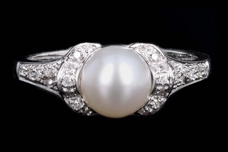 Modern 14K White Gold 7.70mm Cultured Pearl & Diamond Ring