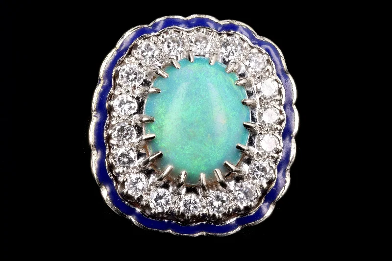 Retro 14K White Gold 3 Carat Opal & Diamond Ring