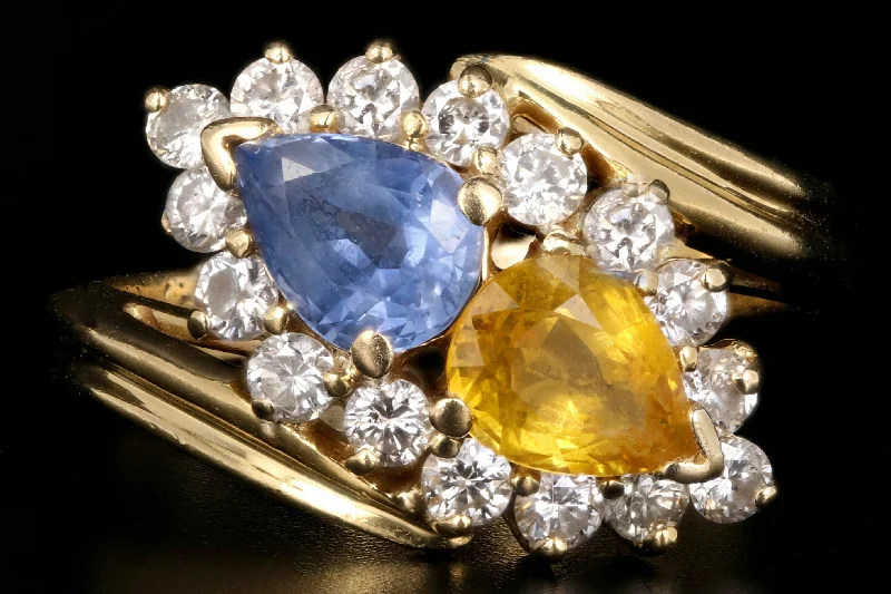 Vintage 14K Yellow Gold Blue and Yellow Sapphire and Diamond Ring