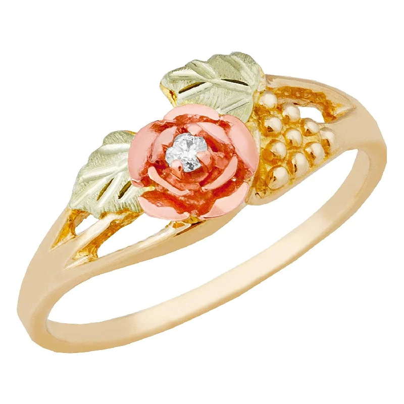 Ave 369 Diamond Rose and Grape Cluster Ring, 10k Yellow Gold, 12k Pink and Green Gold Black Hills Gold Motif (.03 Ct)