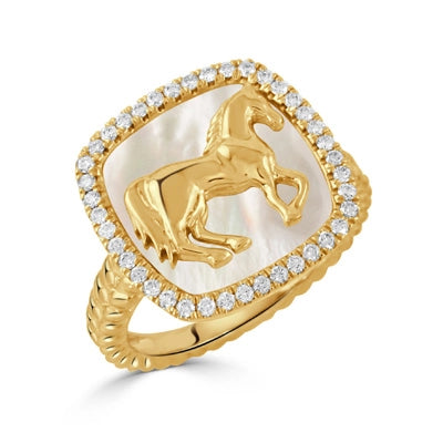 Doves 18K Yellow Gold Diamond and Mother of Pearl Horse Ring