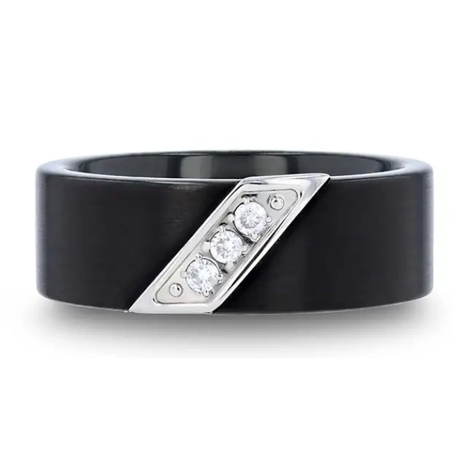 Flat Black Satin Finished Tungsten Carbide 8mm Band with Diamonds Set in Stainless Steel