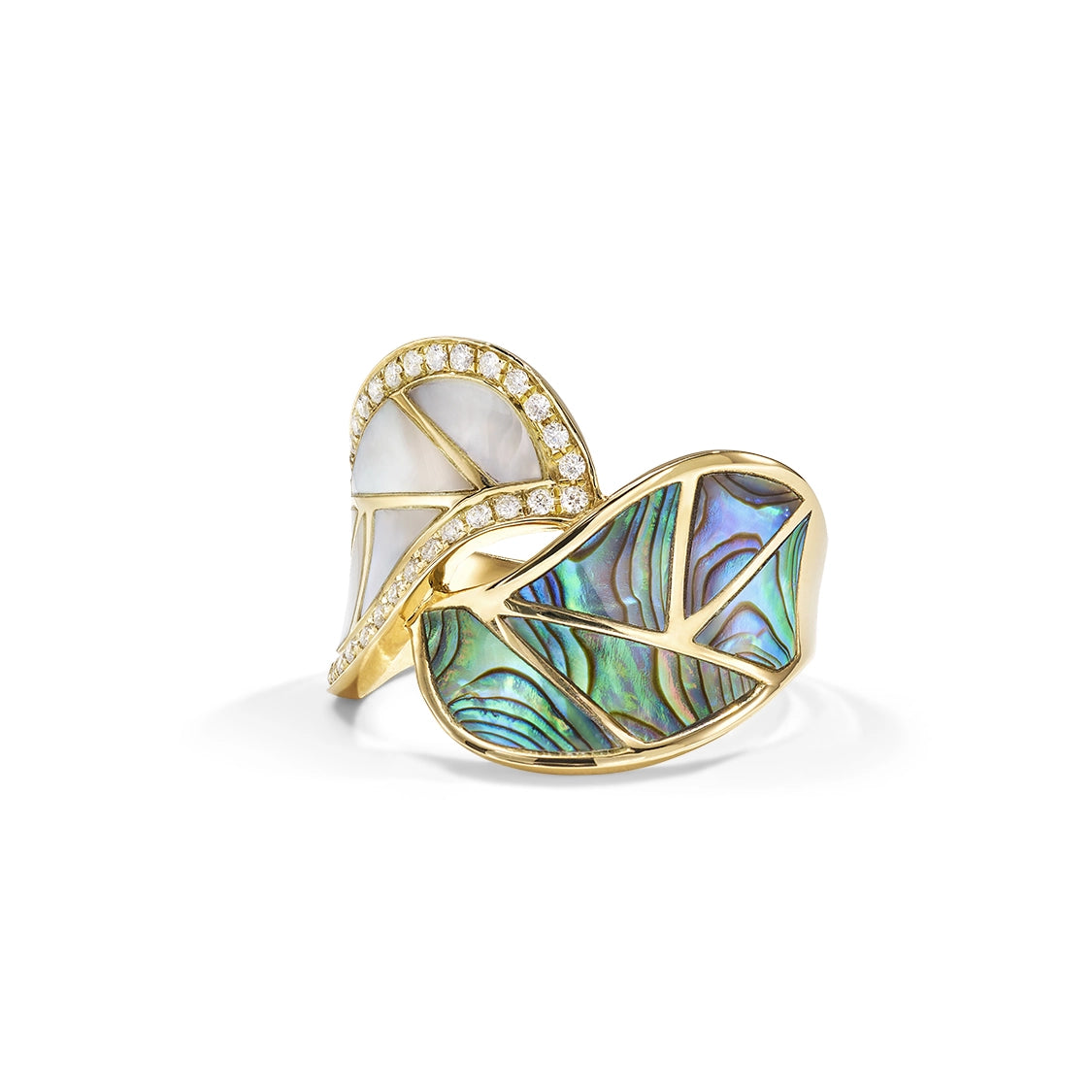 Frederic Sage 14K Yellow Gold Twisted Leaf Ring with Abalone, Mother of Pearl and Diamonds