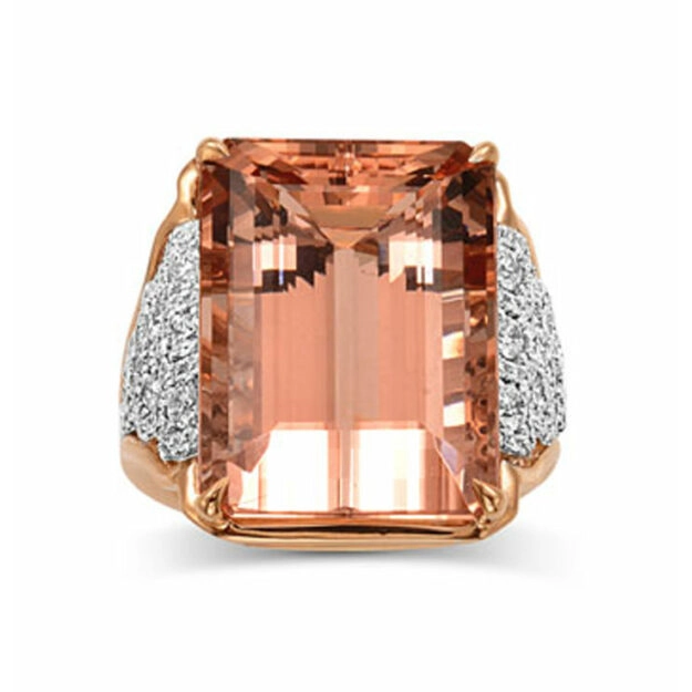 Frederic Sage 18K Rose Gold Emerald Cut Morganite Ring with Diamonds on Sides