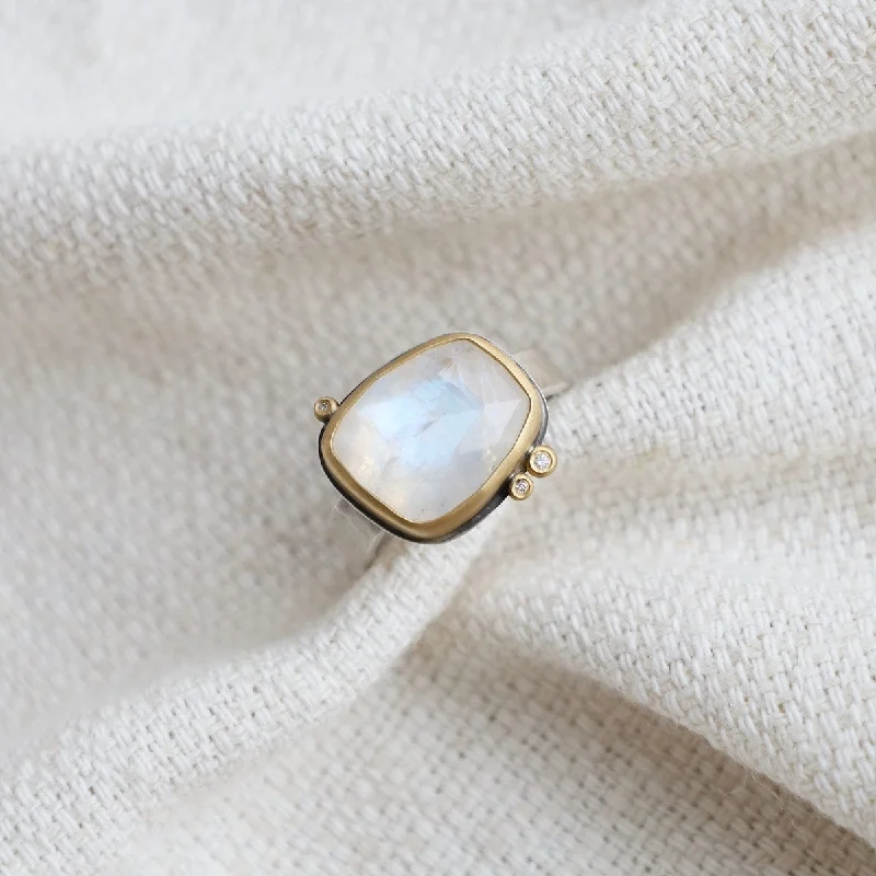 22k Bezel Set Rosecut Moonstone Ring with 3 Diamonds