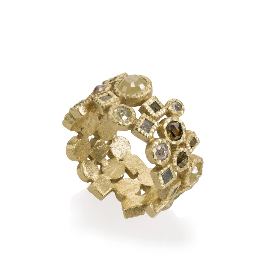 Todd Reed 18K Yellow Gold Wide Scattered Bezel Set Band with Raw Cube and Rose Cut Diamonds