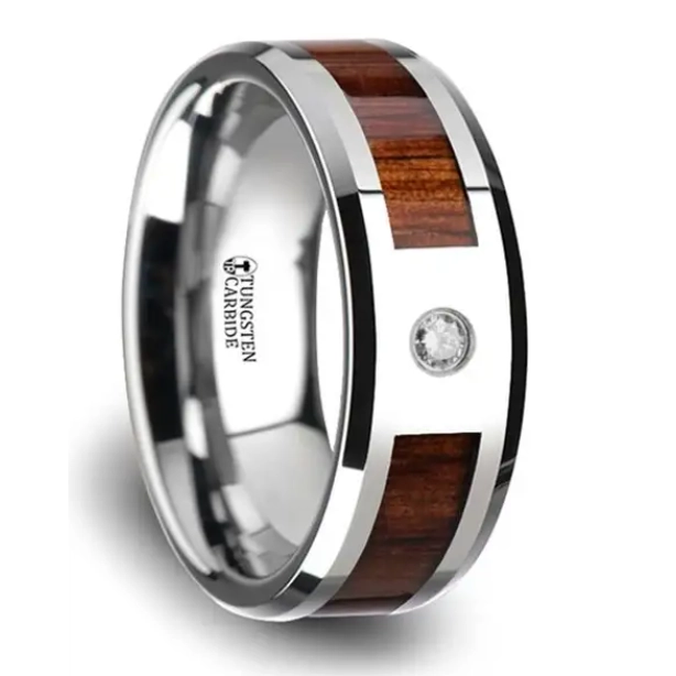 Tungsten Carbide Edged 8mm Band with Koa Wood Inlay and Diamond