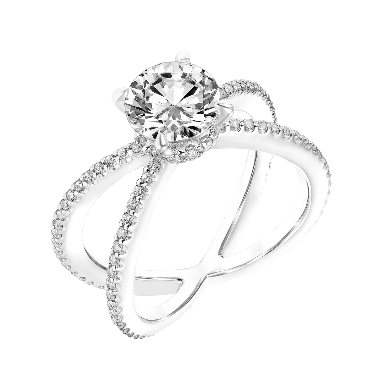 14K White Gold Semi Mount Engagement Ring with Diamond Collar & X Shape Diamond Shank