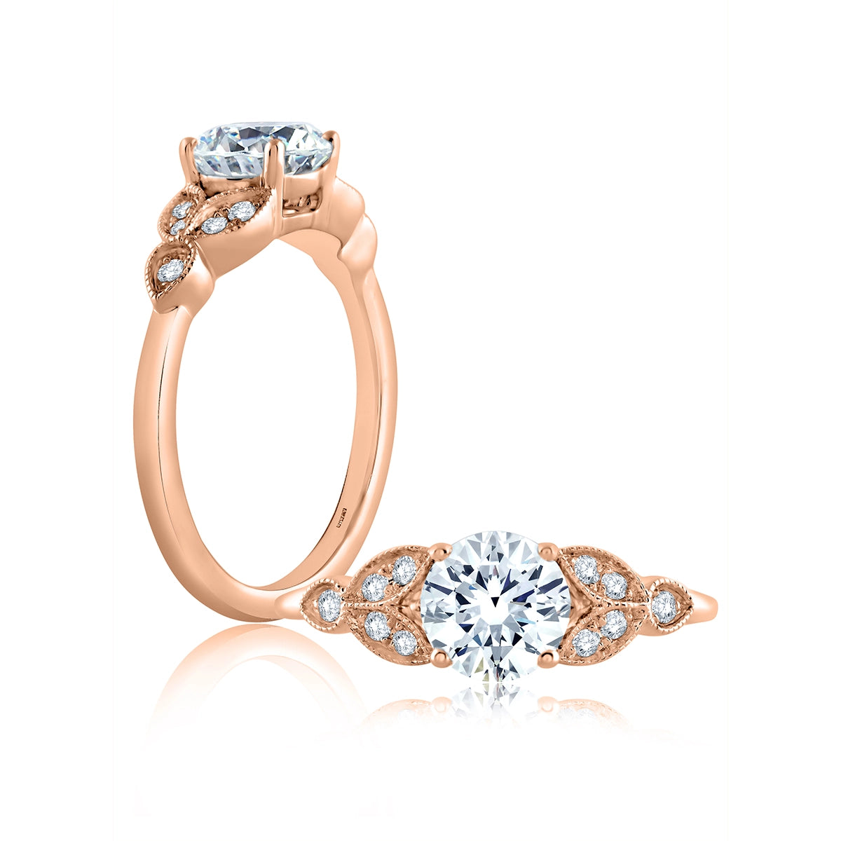 A. Jaffe 14K Rose Gold Seasons of Love Floral Milgrain Accent Round Center Solitaire Engagement Ring