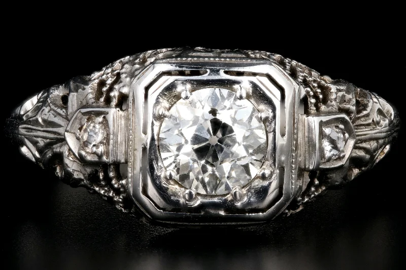 Art Deco 18K White Gold .63 Carat Old European Cut Diamond Engagement Ring