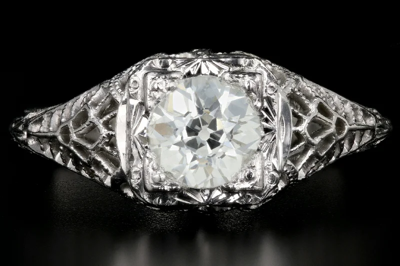 Art Deco 20K White Gold .78CT Old European Cut Diamond Engagement Ring