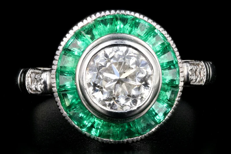 Art Deco Style 14K White Gold 1.01 Carat Round Brilliant Cut Diamond Emerald Halo Engagement Ring