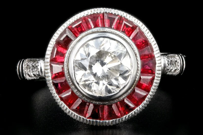 Art Deco Style 14K White Gold 1 Carat Diamond Ruby Halo Engagement Ring