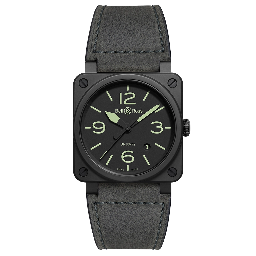 Bell and Ross Nightlum Black Ceramic Leather Strap 42mm Automatic