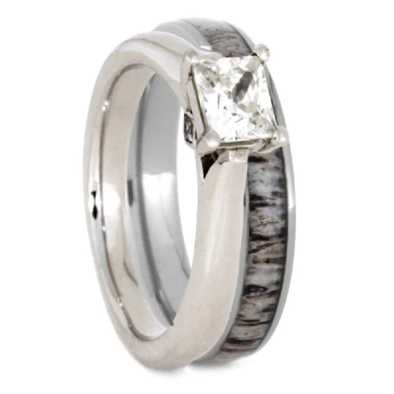 Charles & Colvard Moissanite and Diamond 10k White Gold Engagement Ring, Deer Antler Titanium Wedding Band, Bridal Set