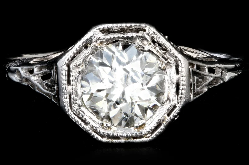 Art Deco Platinum .85 Carat Old European Cut Diamond Engagement Ring