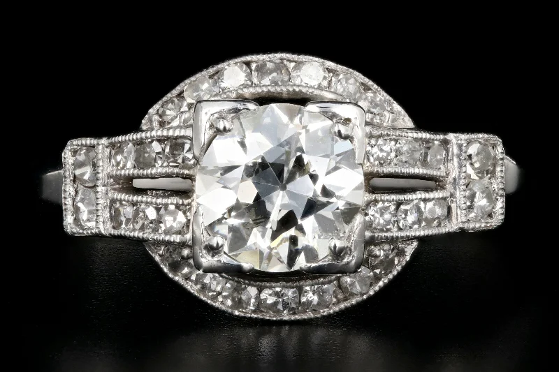 Art Deco Platinum .90 Carat Old European Cut Diamond Engagement Ring Size 7