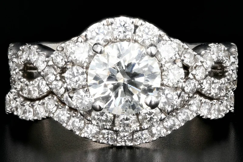 Modern 14K White Gold .98 Carat Round Brilliant Cut Diamond Halo Engagement Ring with Matching Band