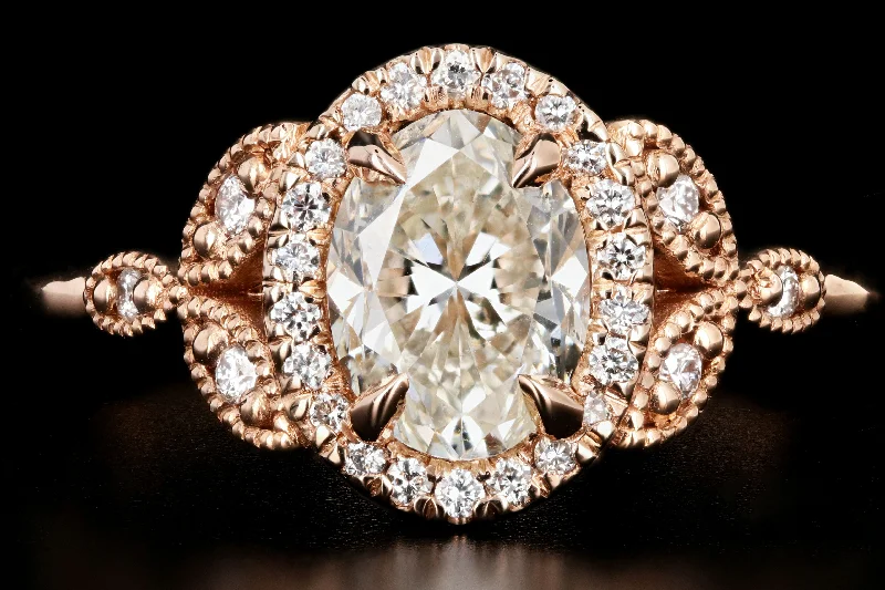 New 18K Rose Gold 1.22 Carat Oval Cut Diamond Halo Engagement Ring GIA Certified