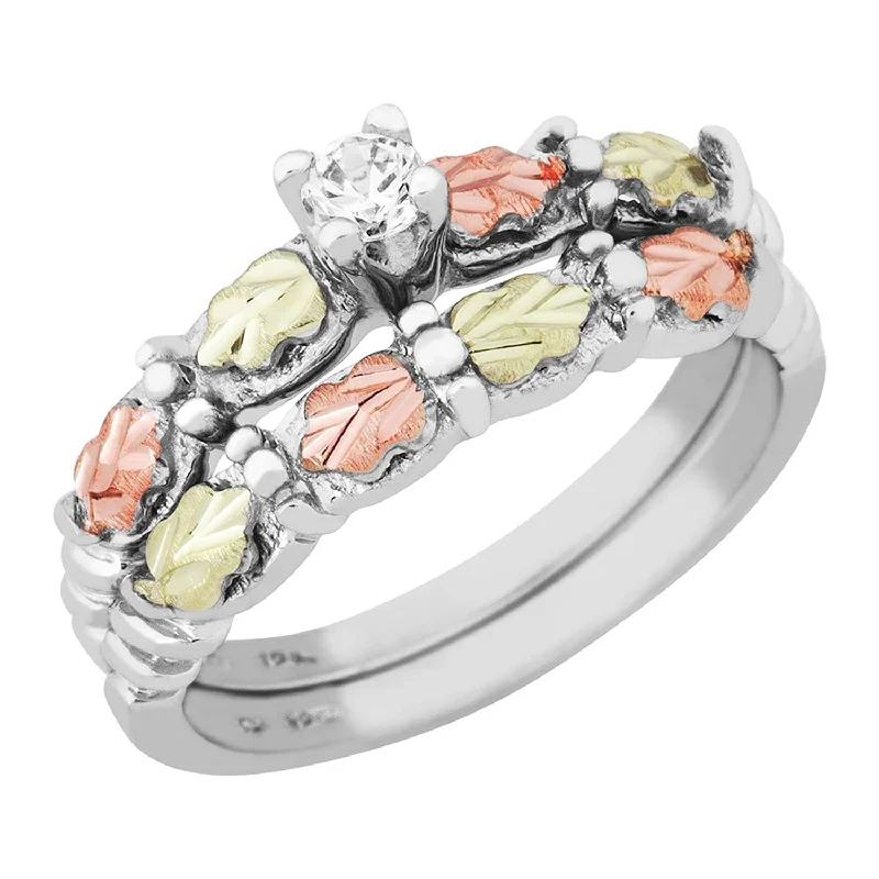 Ave 369 CZ Wedding and Engagement Ring Set, Sterling Silver, 12k Green and Rose Gold Black Hills Gold Motif