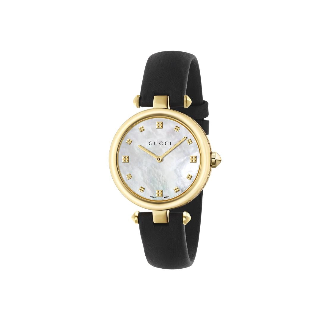 Gucci Diamantissima Watch Yellow PVD Black Leather 32mm Quartz