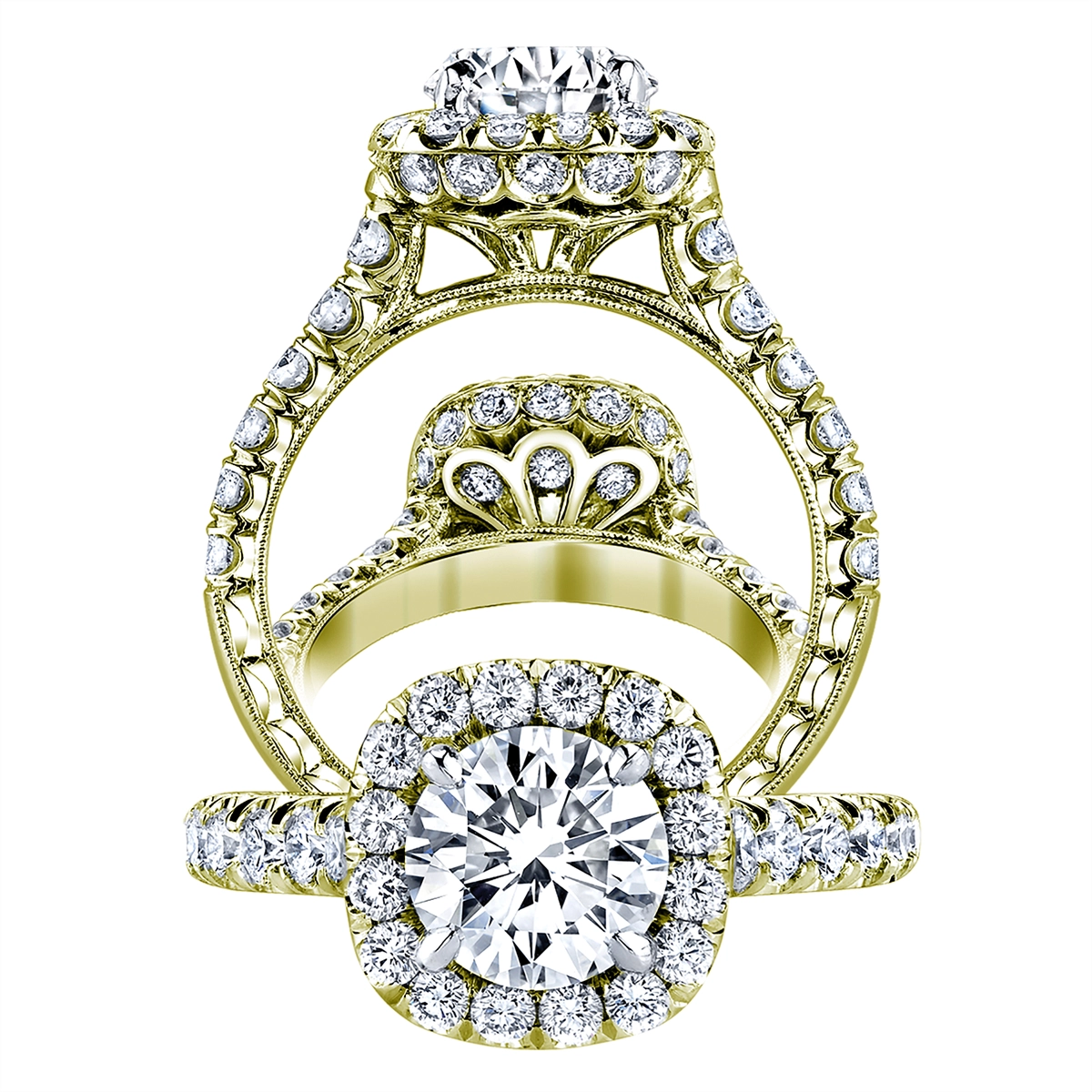 Jack Kelege 18K Yellow Gold Engagement Ring, Cathedral w/Cushion Halo