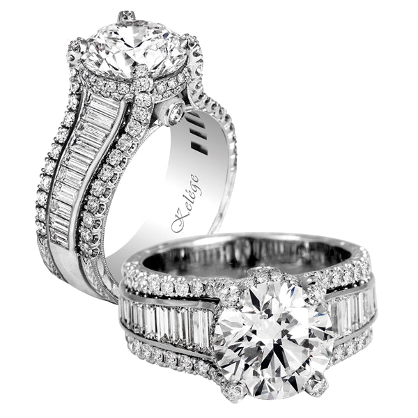 Jack Kelege Platinum Engagement Ring, Three Row Wide Shank w/Rounds & Baguettes