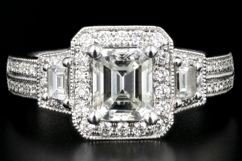 Modern 14K White Gold 1 Carat Emerald Cut Diamond Halo Engagement Ring