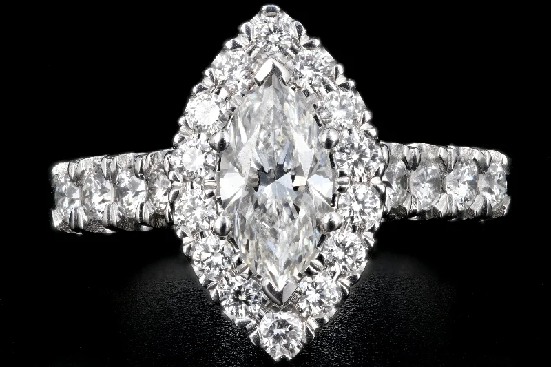 New 14K White Gold .78 Carat Marquise Cut Diamond Halo Engagement Ring GIA Certified